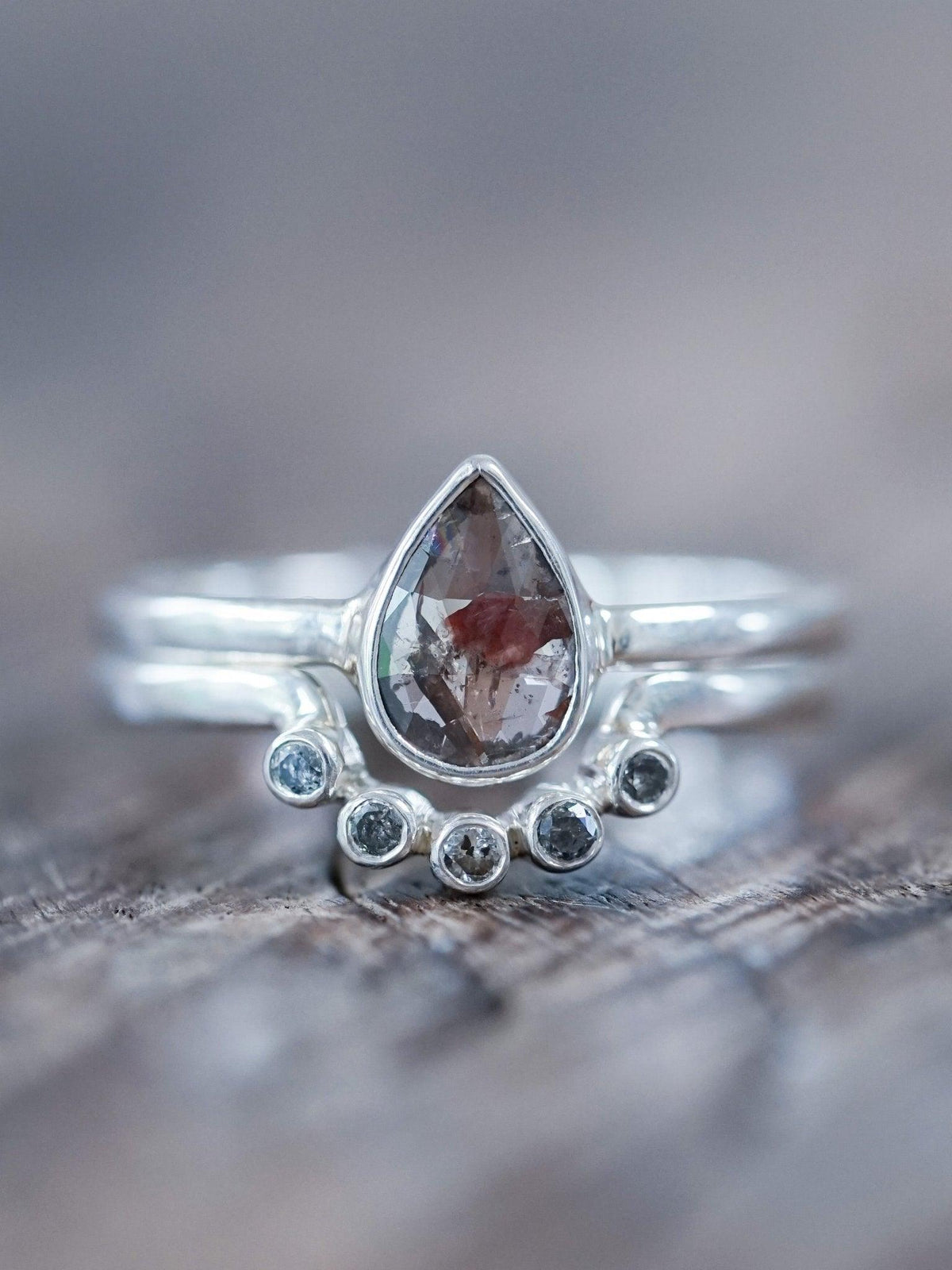Rose Cut Pear Diamond Ring Set - Gardens of the Sun | Ethical Jewelry