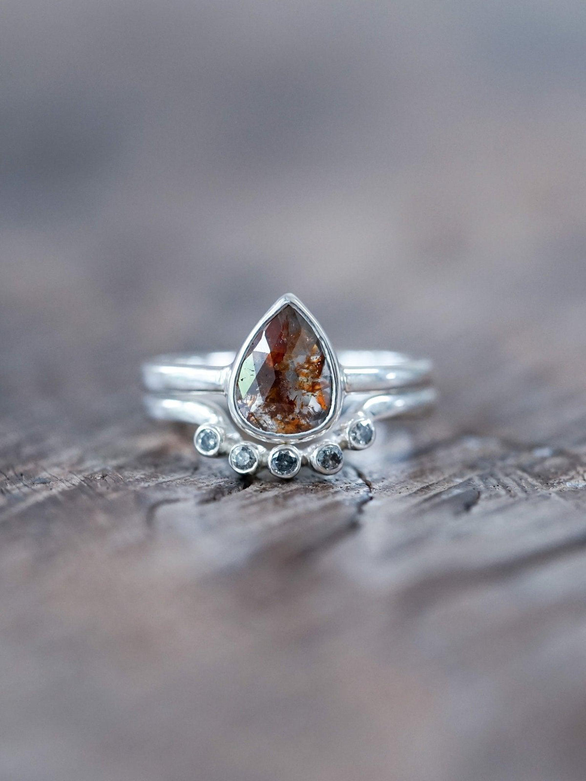Rose Cut Pear Diamond Ring Set - Gardens of the Sun | Ethical Jewelry
