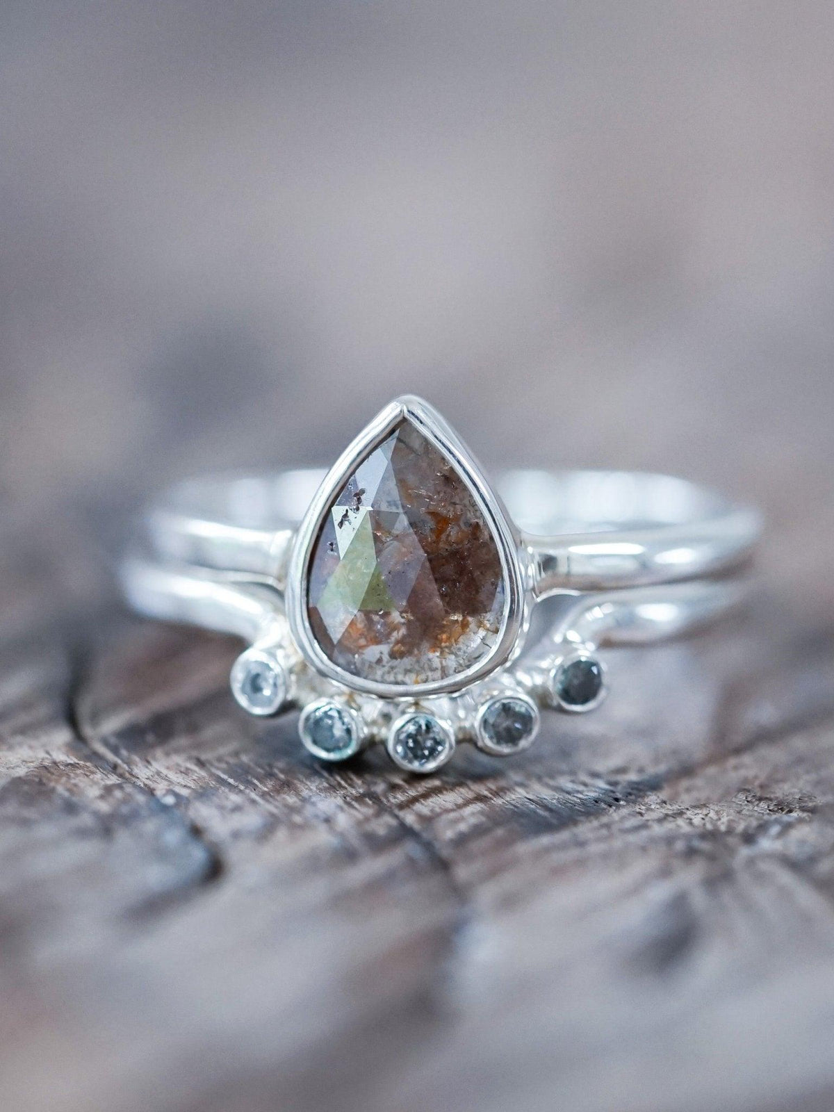 Rose Cut Pear Diamond Ring Set - Gardens of the Sun | Ethical Jewelry