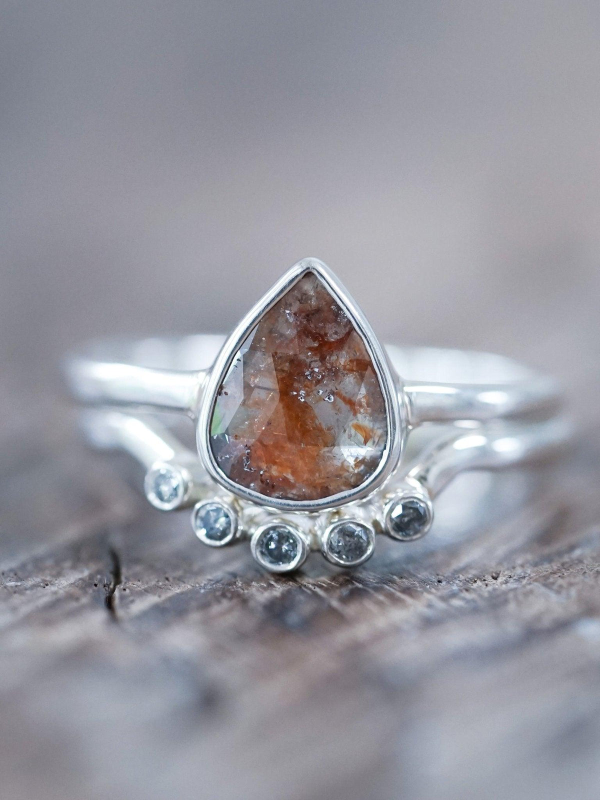 Rose Cut Pear Diamond Ring Set - Gardens of the Sun | Ethical Jewelry