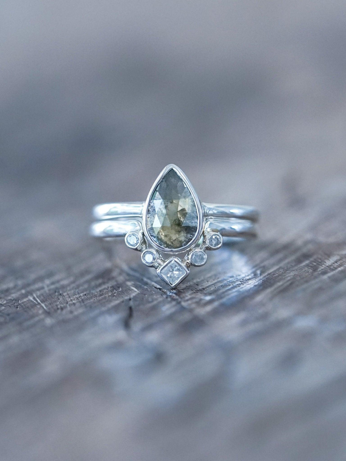 Rose Cut Pear Diamond Ring Set - Gardens of the Sun | Ethical Jewelry