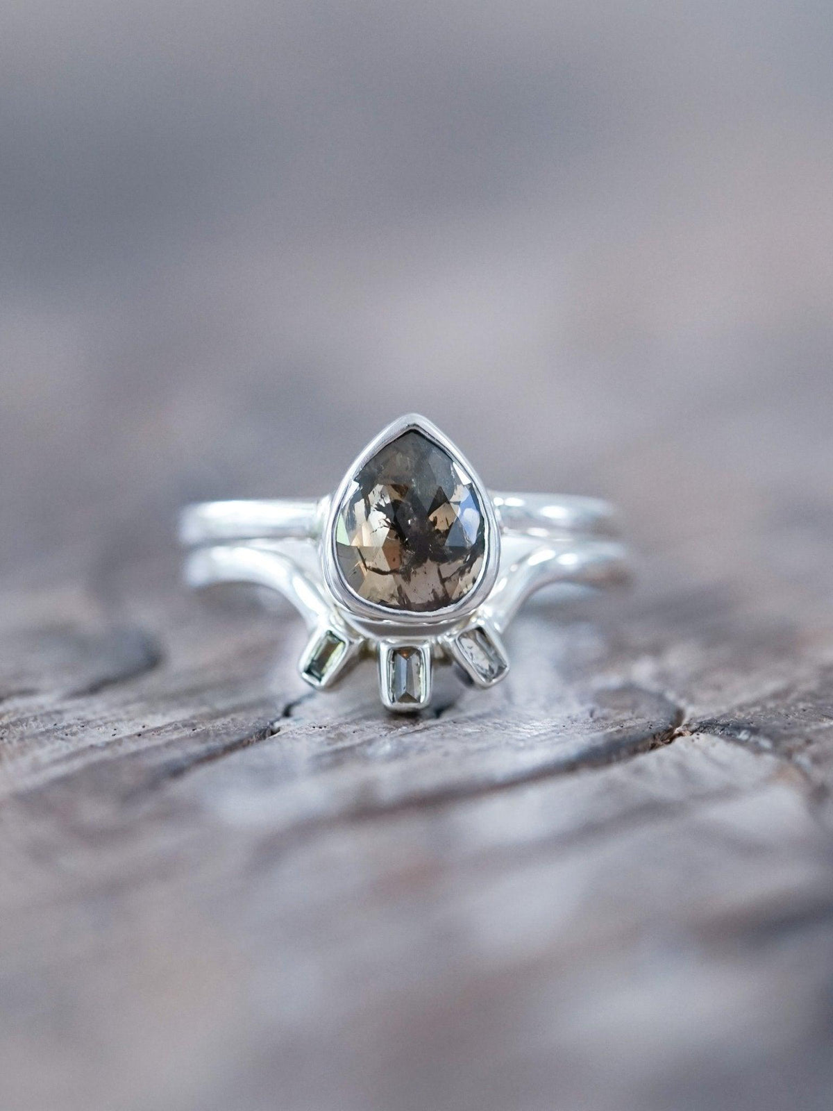 Rose Cut Pear Diamond Ring Set - Gardens of the Sun | Ethical Jewelry