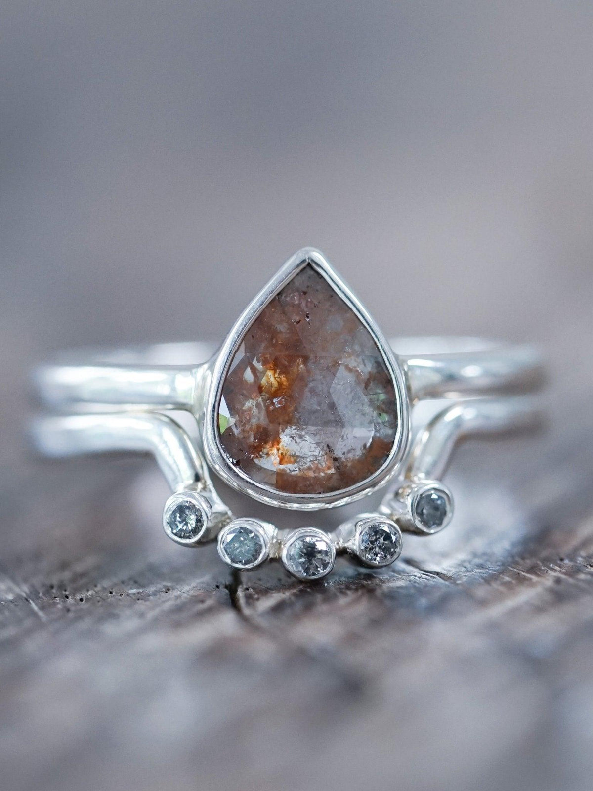 Rose Cut Pear Diamond Ring Set - Gardens of the Sun | Ethical Jewelry
