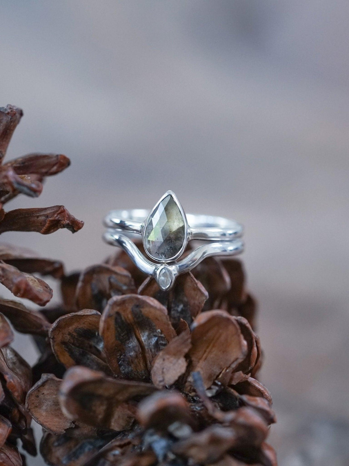 Rose Cut Pear Diamond Ring Set - Gardens of the Sun | Ethical Jewelry