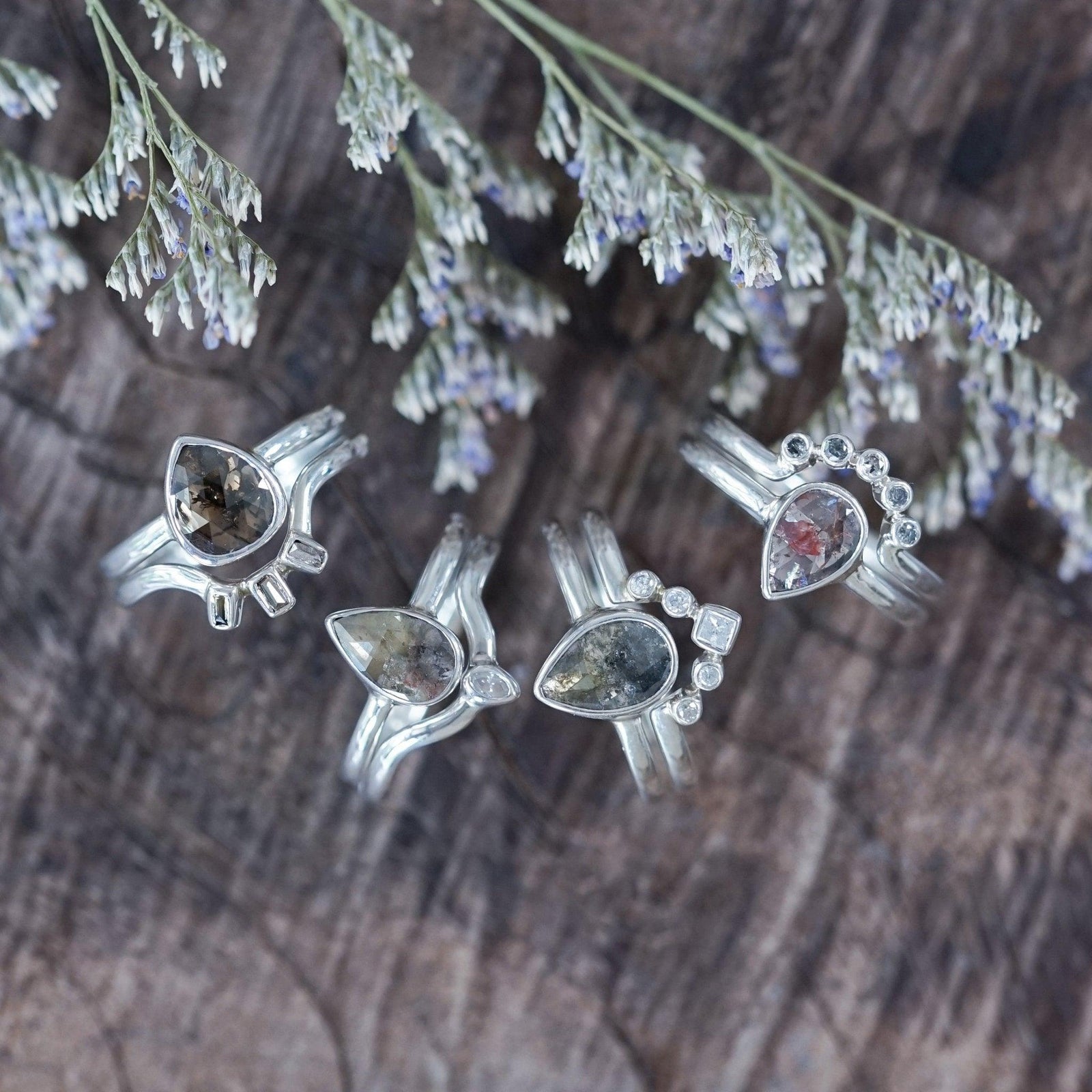 Rose Cut Pear Diamond Ring Set - Gardens of the Sun | Ethical Jewelry