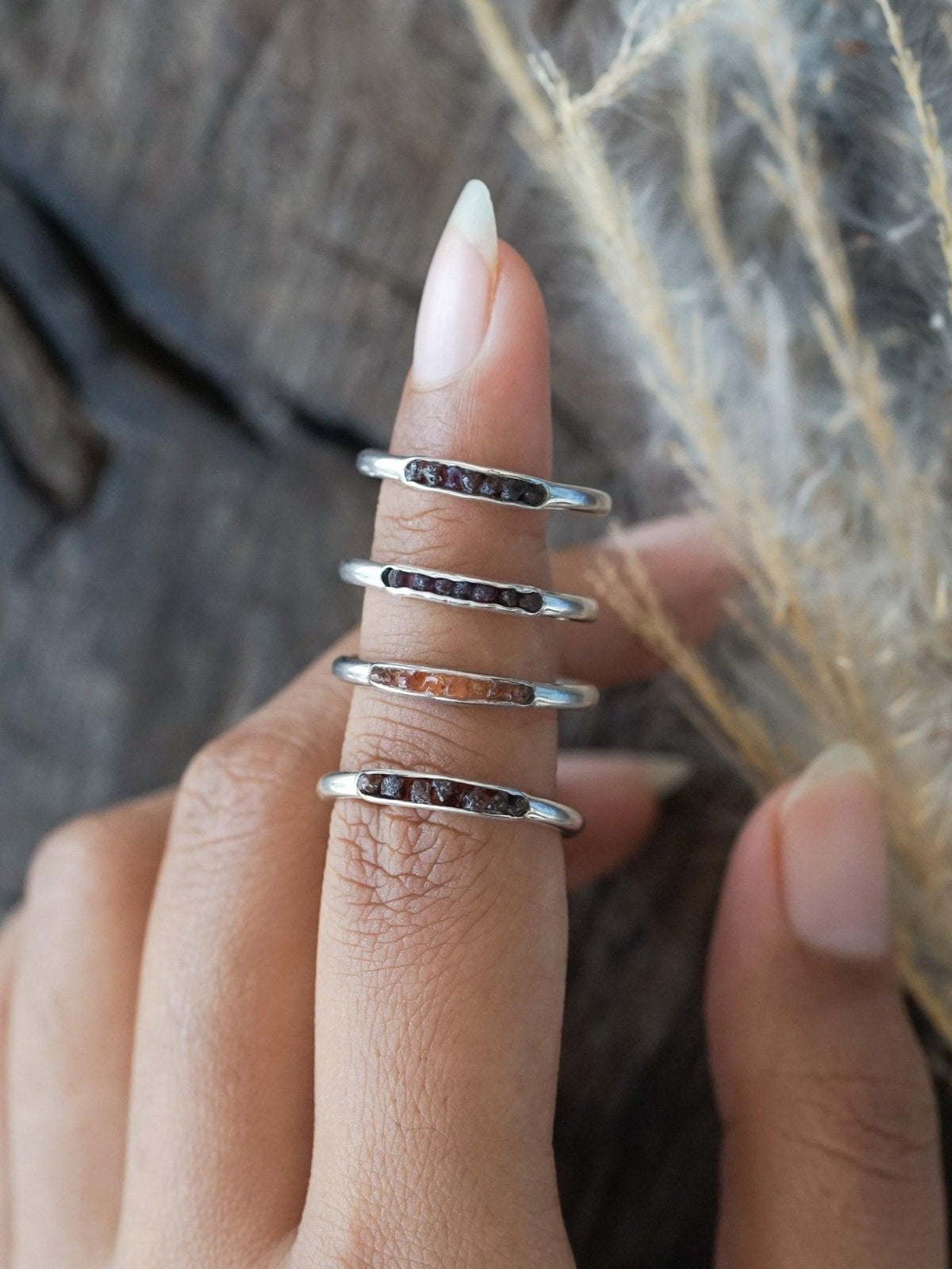 Set of Three Sterling Silver Stacking Rings with fashion Rough Garnet Stones