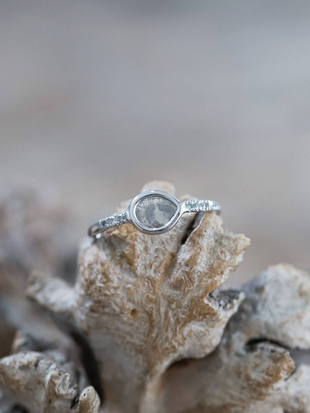 Salt and Pepper Diamond Slice Ring in White Gold - Gardens of the Sun | Ethical Jewelry