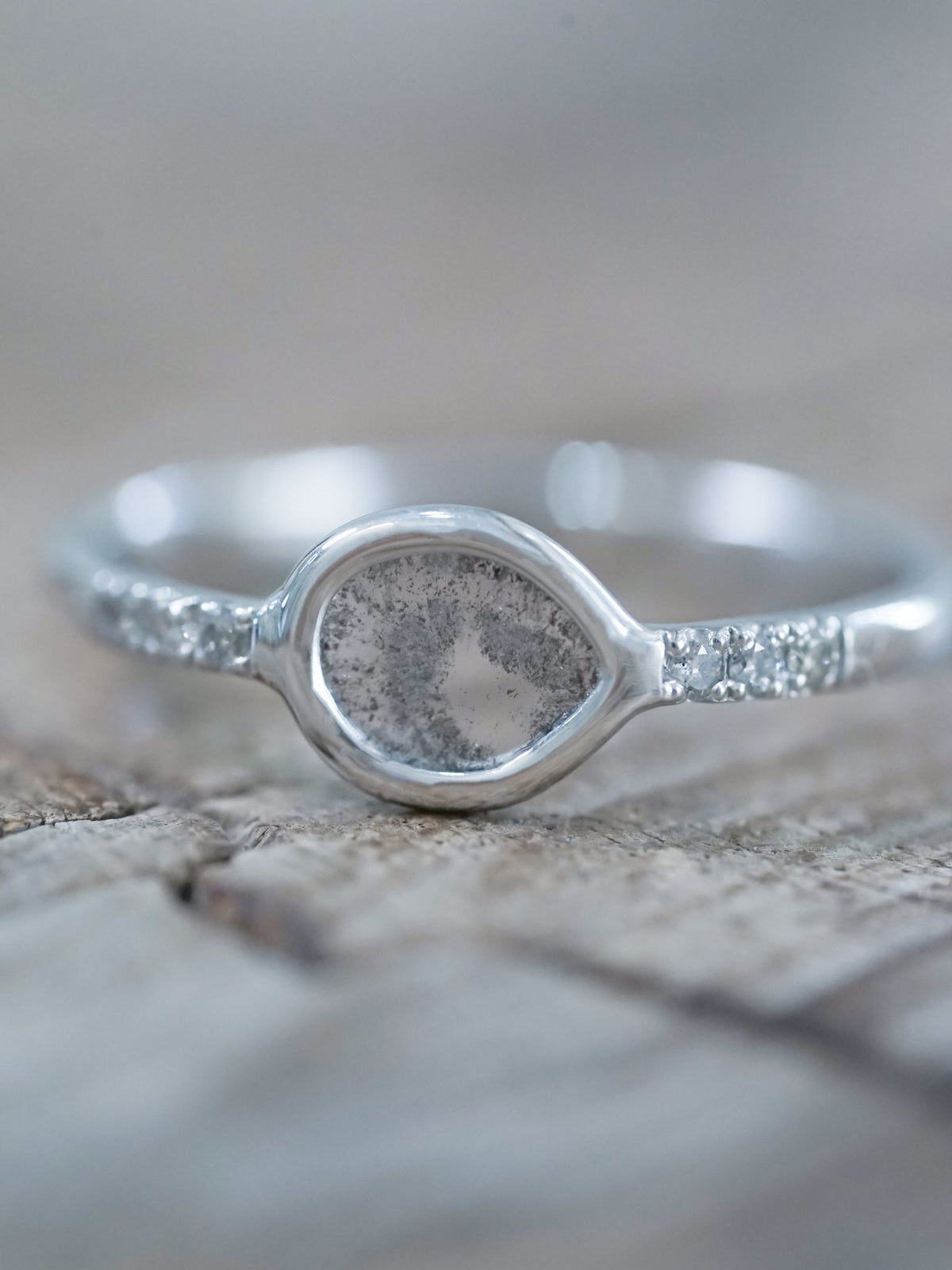 Salt and Pepper Diamond Slice Ring in White Gold - Gardens of the Sun | Ethical Jewelry