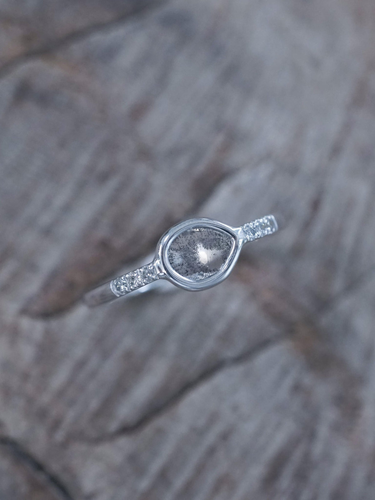 Salt and Pepper Diamond Slice Ring in White Gold - Gardens of the Sun | Ethical Jewelry