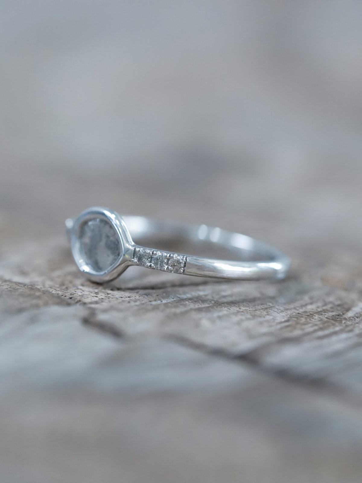 Salt and Pepper Diamond Slice Ring in White Gold - Gardens of the Sun | Ethical Jewelry