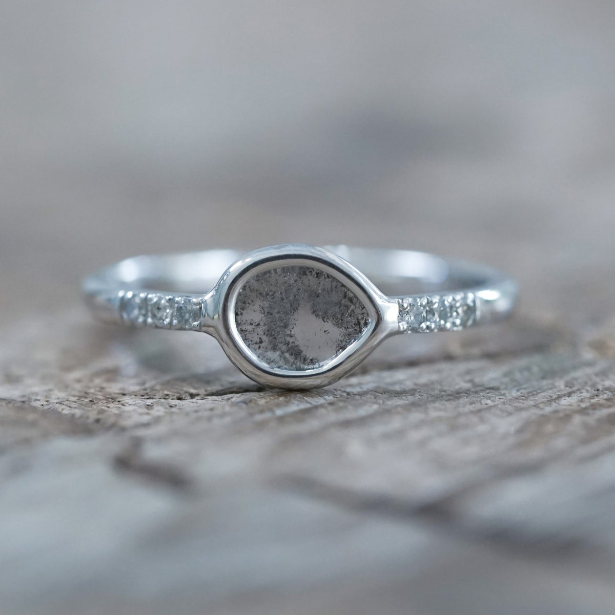 Salt and Pepper Diamond Slice Ring in White Gold - Gardens of the Sun | Ethical Jewelry