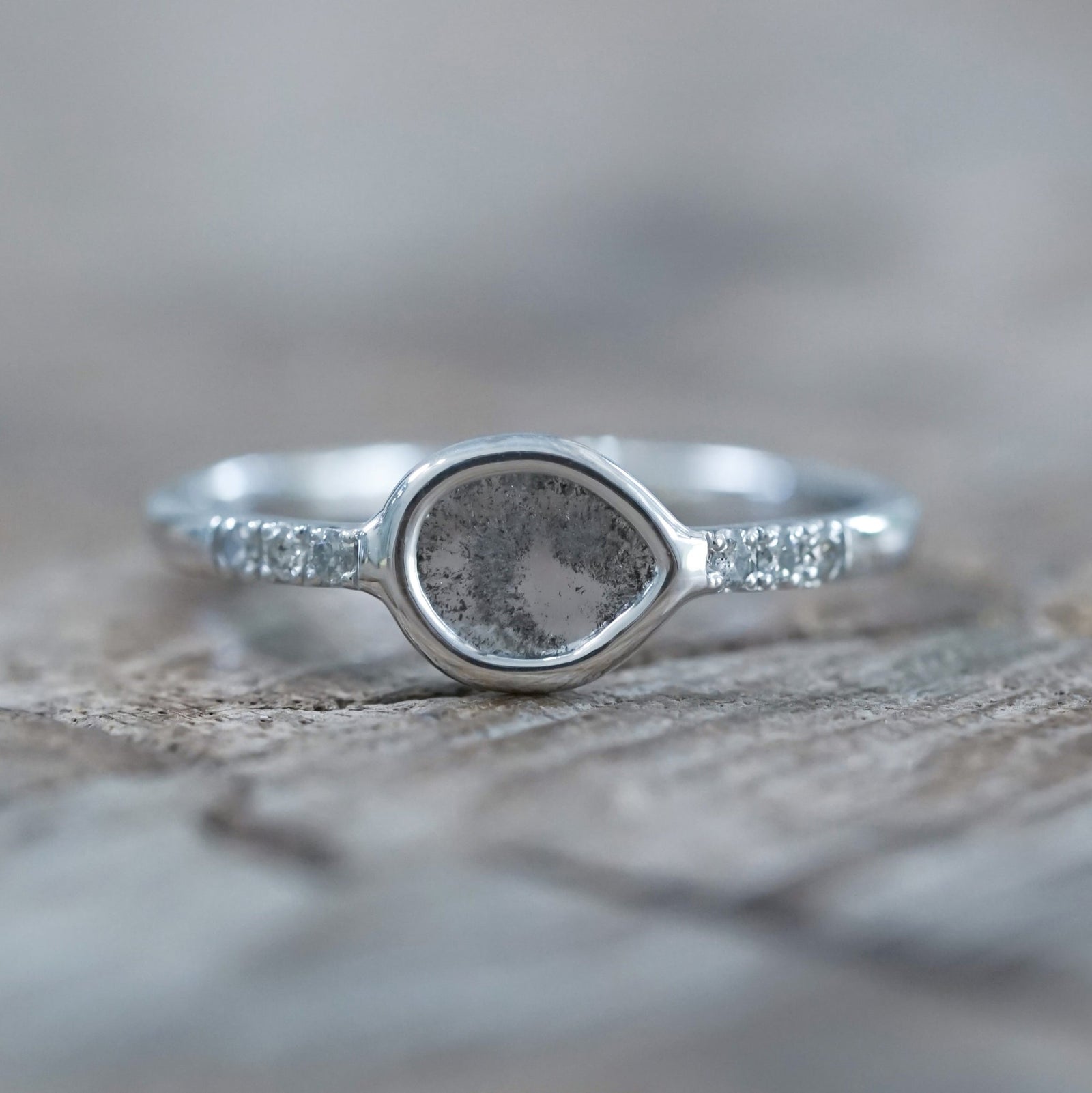 Salt and Pepper Diamond Slice Ring in White Gold - Gardens of the Sun | Ethical Jewelry