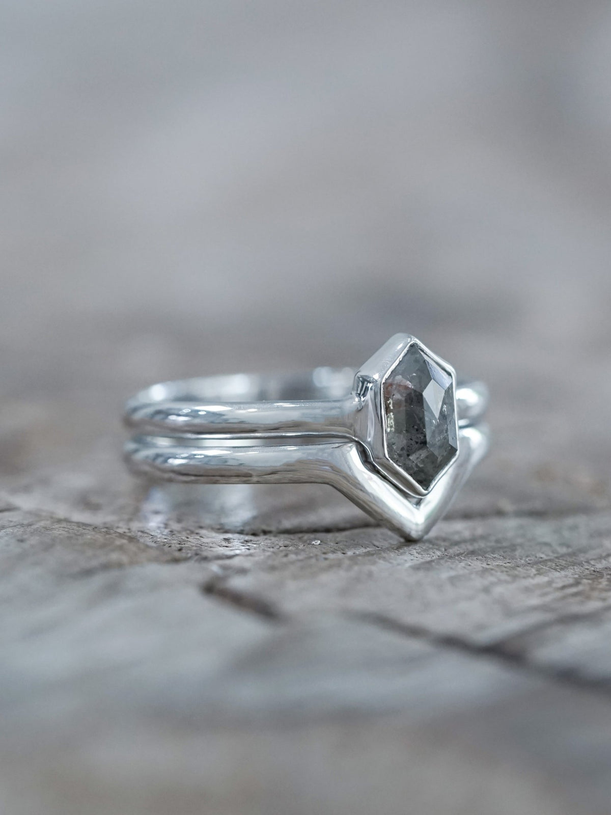Salt and Pepper Hexagon Diamond Ring Set in Eco White Gold - Gardens of the Sun | Ethical Jewelry
