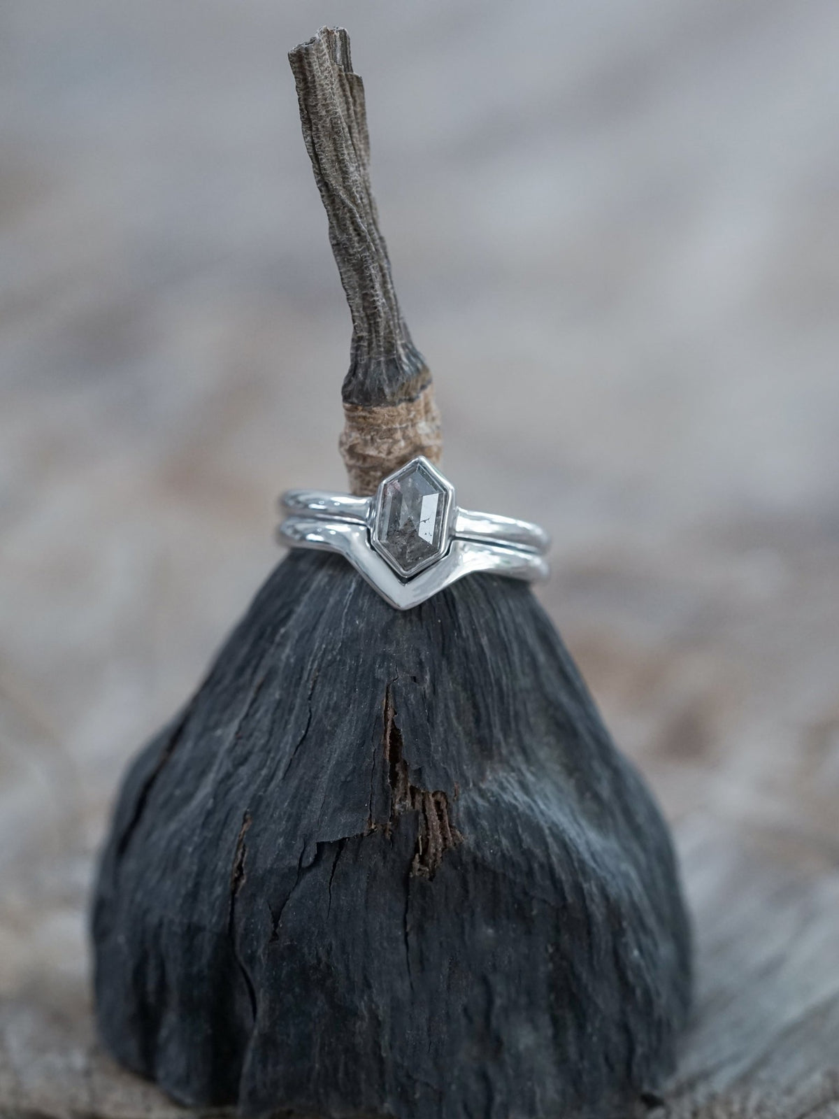 Salt and Pepper Hexagon Diamond Ring Set in Eco White Gold - Gardens of the Sun | Ethical Jewelry