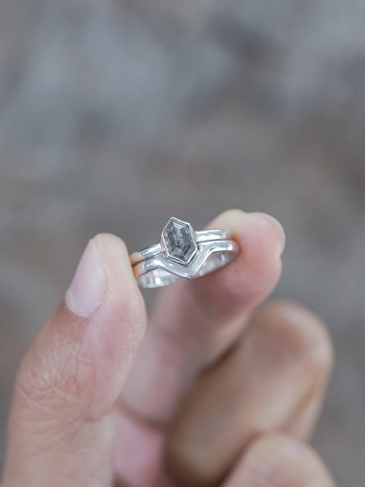 Salt and Pepper Hexagon Diamond Ring Set in Eco White Gold - Gardens of the Sun | Ethical Jewelry