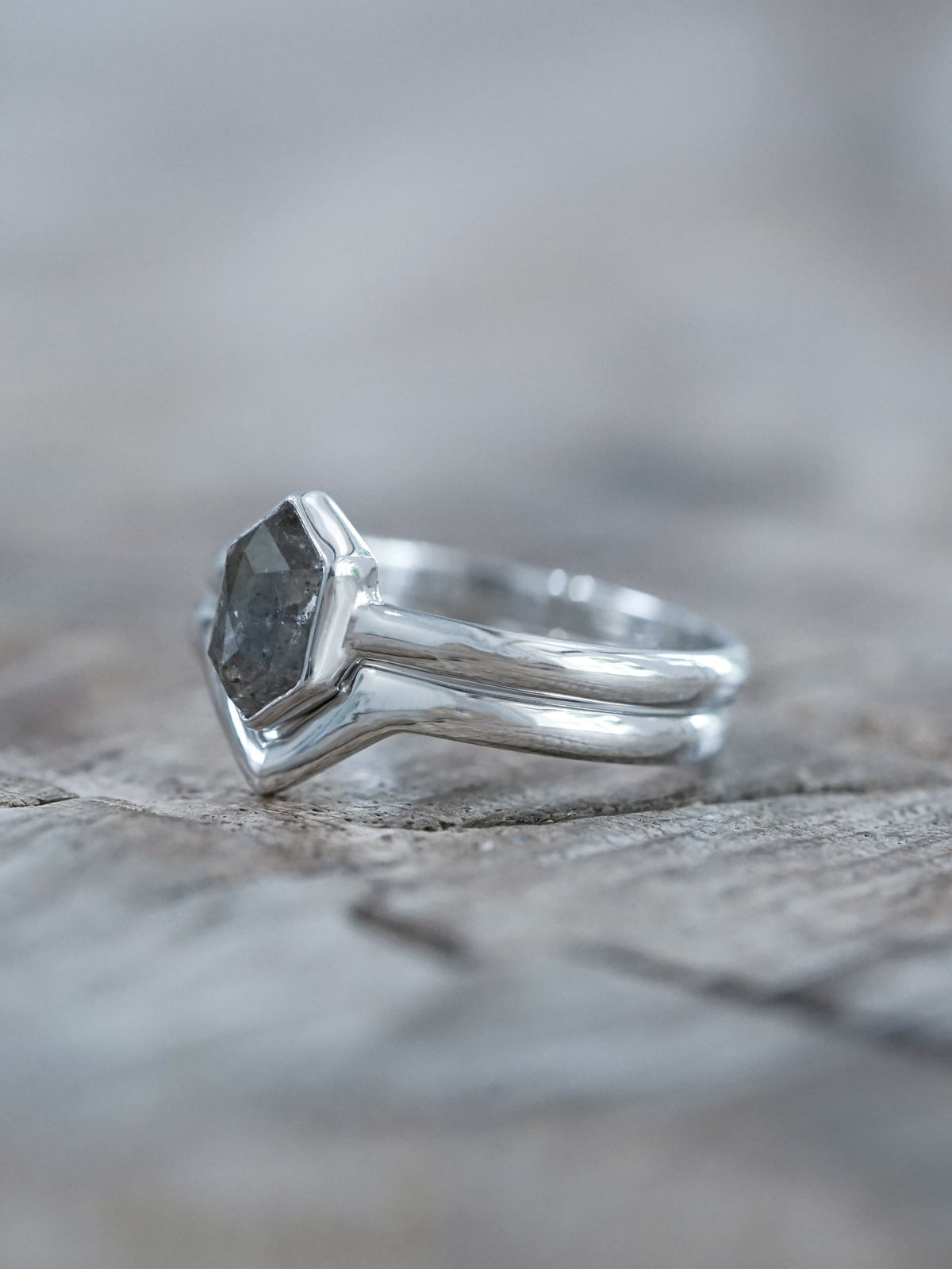 Salt and Pepper Hexagon Diamond Ring Set in Eco White Gold - Gardens of the Sun | Ethical Jewelry
