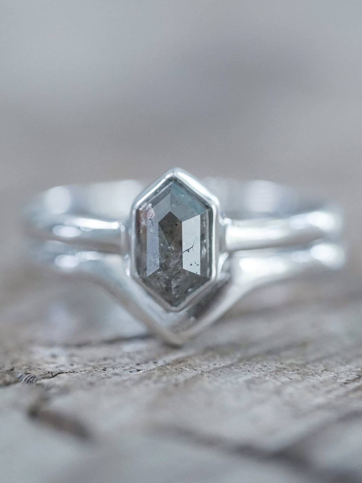 Salt and Pepper Hexagon Diamond Ring Set in Eco White Gold - Gardens of the Sun | Ethical Jewelry