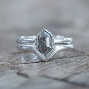 Salt and Pepper Hexagon Diamond Ring Set in Eco White Gold - Gardens of the Sun | Ethical Jewelry