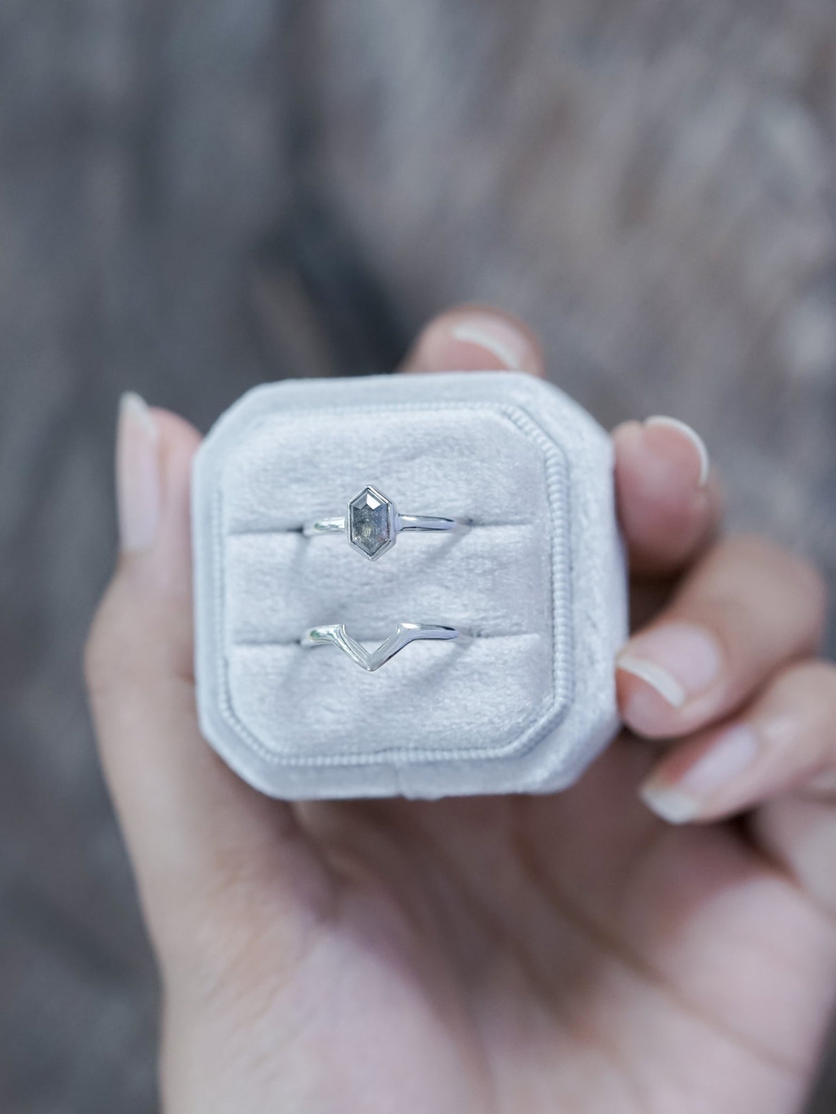 Salt and Pepper Hexagon Diamond Ring Set in Eco White Gold - Gardens of the Sun | Ethical Jewelry