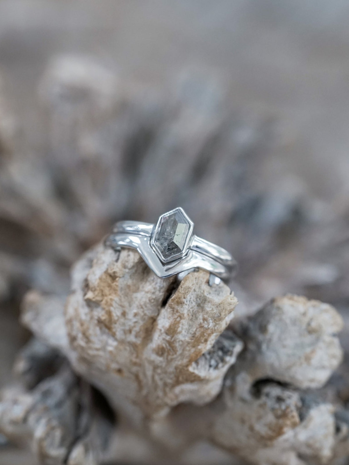 Salt and Pepper Hexagon Diamond Ring Set in Eco White Gold - Gardens of the Sun | Ethical Jewelry