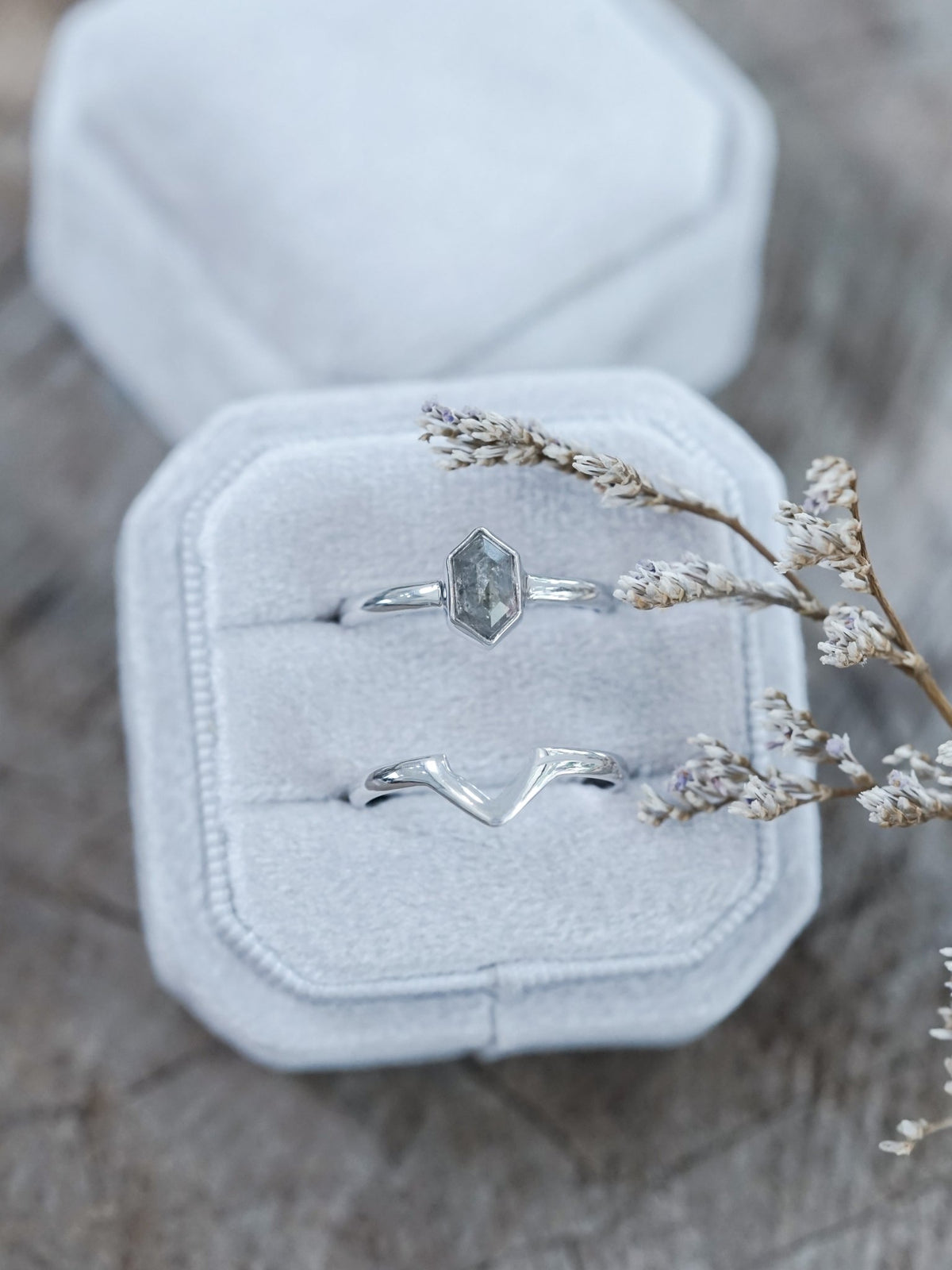 Salt and Pepper Hexagon Diamond Ring Set in Eco White Gold - Gardens of the Sun | Ethical Jewelry