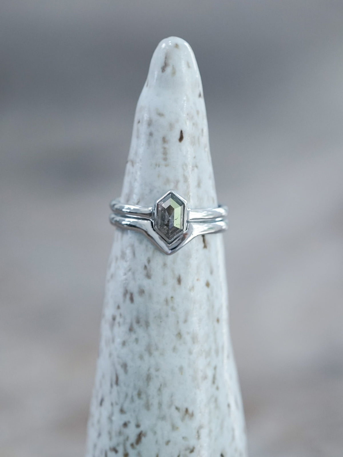 Salt and Pepper Hexagon Diamond Ring Set in Eco White Gold - Gardens of the Sun | Ethical Jewelry