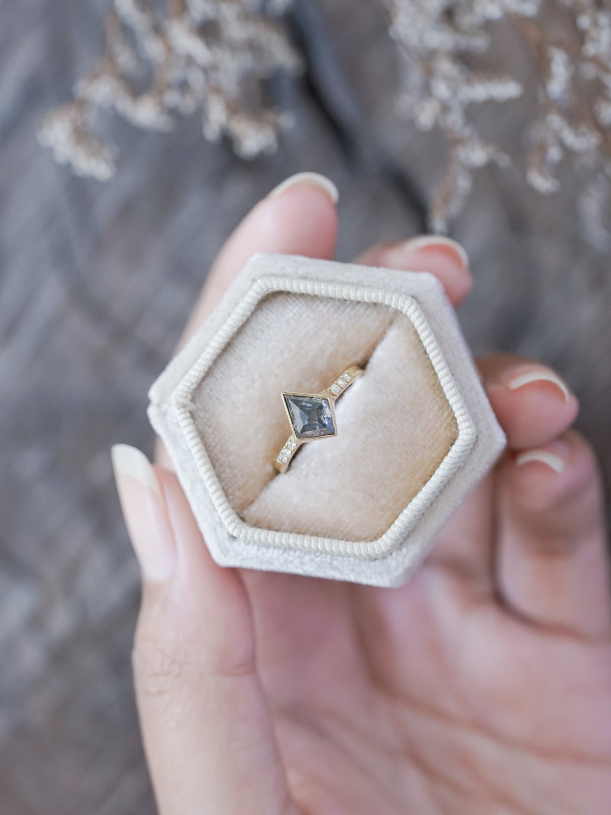 Salt and Pepper Kite Diamond Ring in Ethical Gold - Gardens of the Sun | Ethical Jewelry