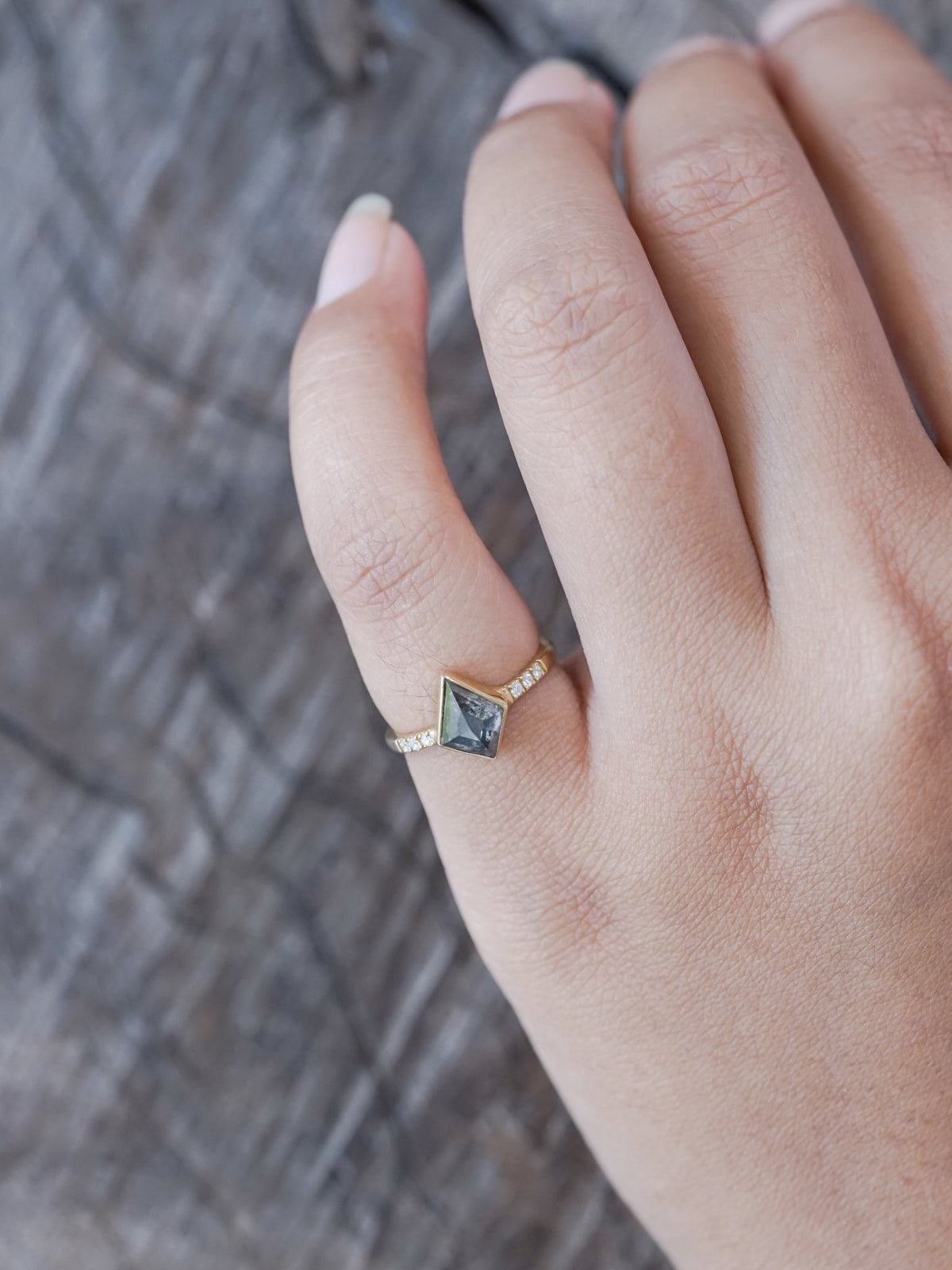 Salt and Pepper Kite Diamond Ring in Ethical Gold - Gardens of the Sun | Ethical Jewelry