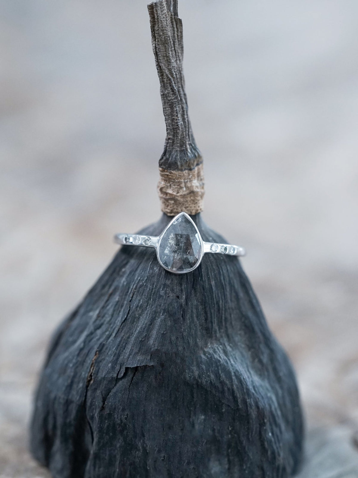 Salt and Pepper Pear Diamond Ring in Ethical White Gold - Gardens of the Sun | Ethical Jewelry