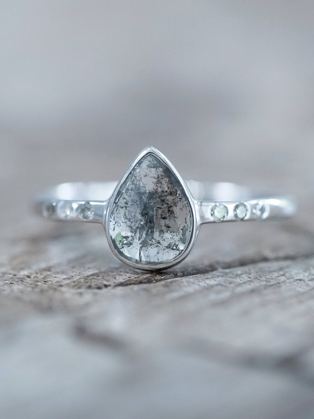 Salt and Pepper Pear Diamond Ring in Ethical White Gold - Gardens of the Sun | Ethical Jewelry