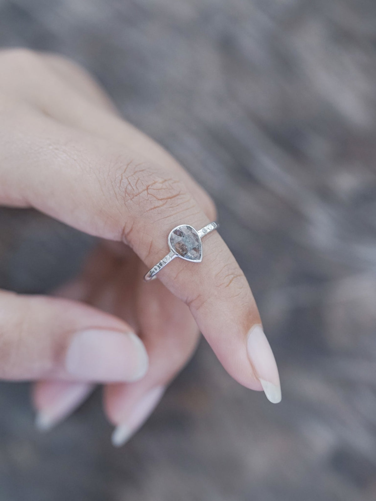 Salt and Pepper Pear Diamond Ring in Ethical White Gold - Gardens of the Sun | Ethical Jewelry
