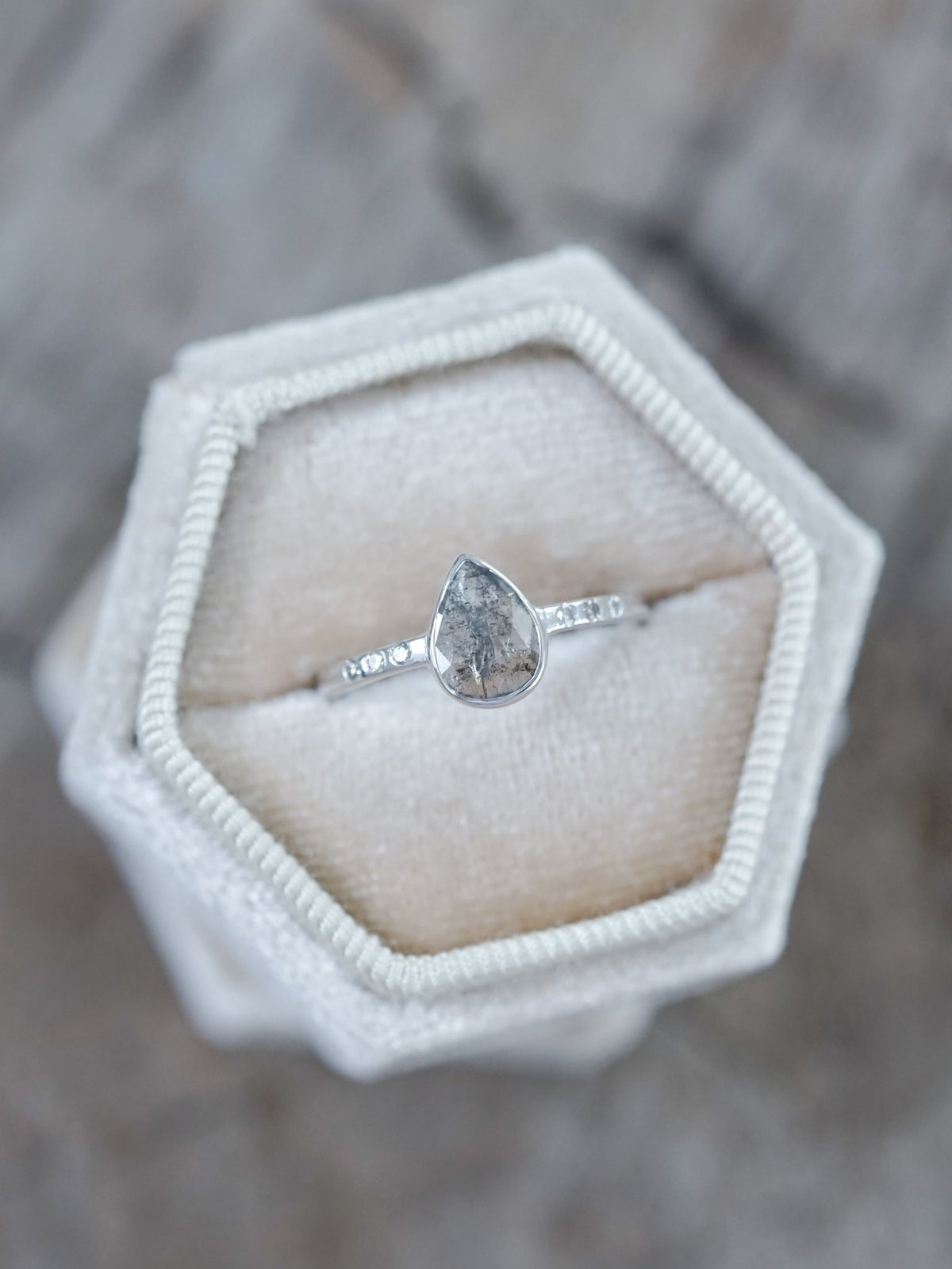 Salt and Pepper Pear Diamond Ring in Ethical White Gold - Gardens of the Sun | Ethical Jewelry