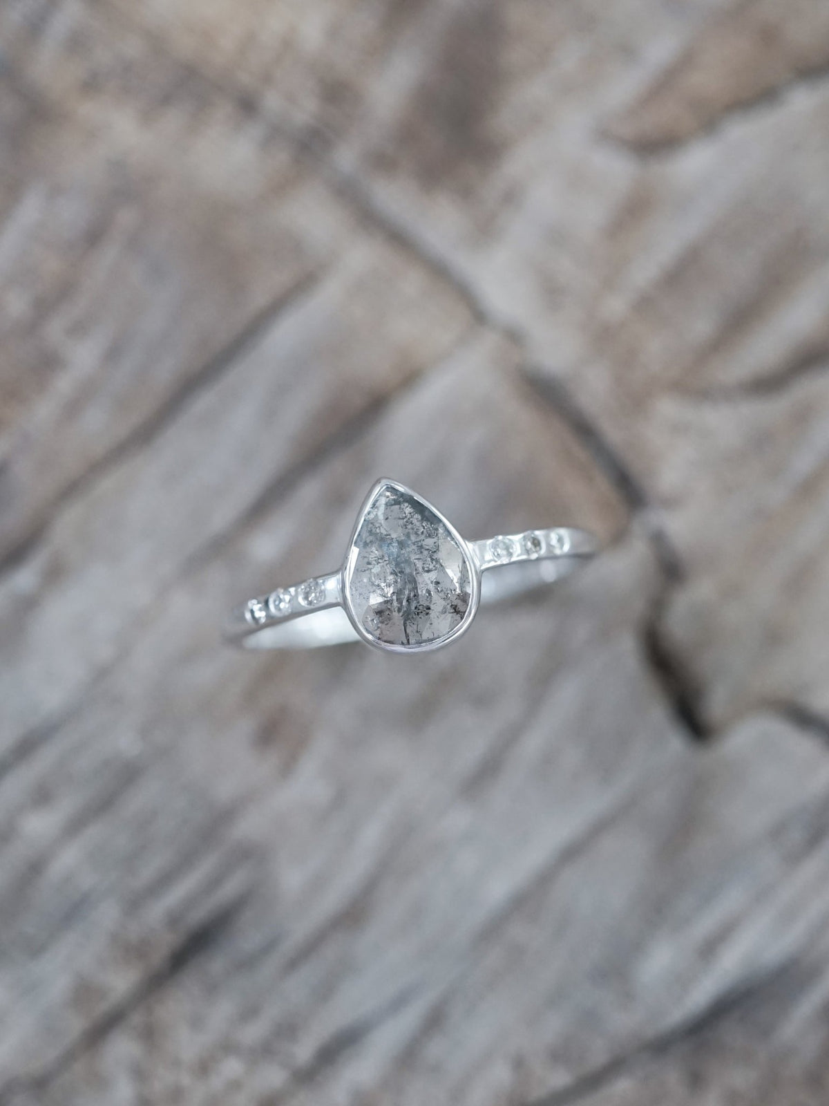 Salt and Pepper Pear Diamond Ring in Ethical White Gold - Gardens of the Sun | Ethical Jewelry