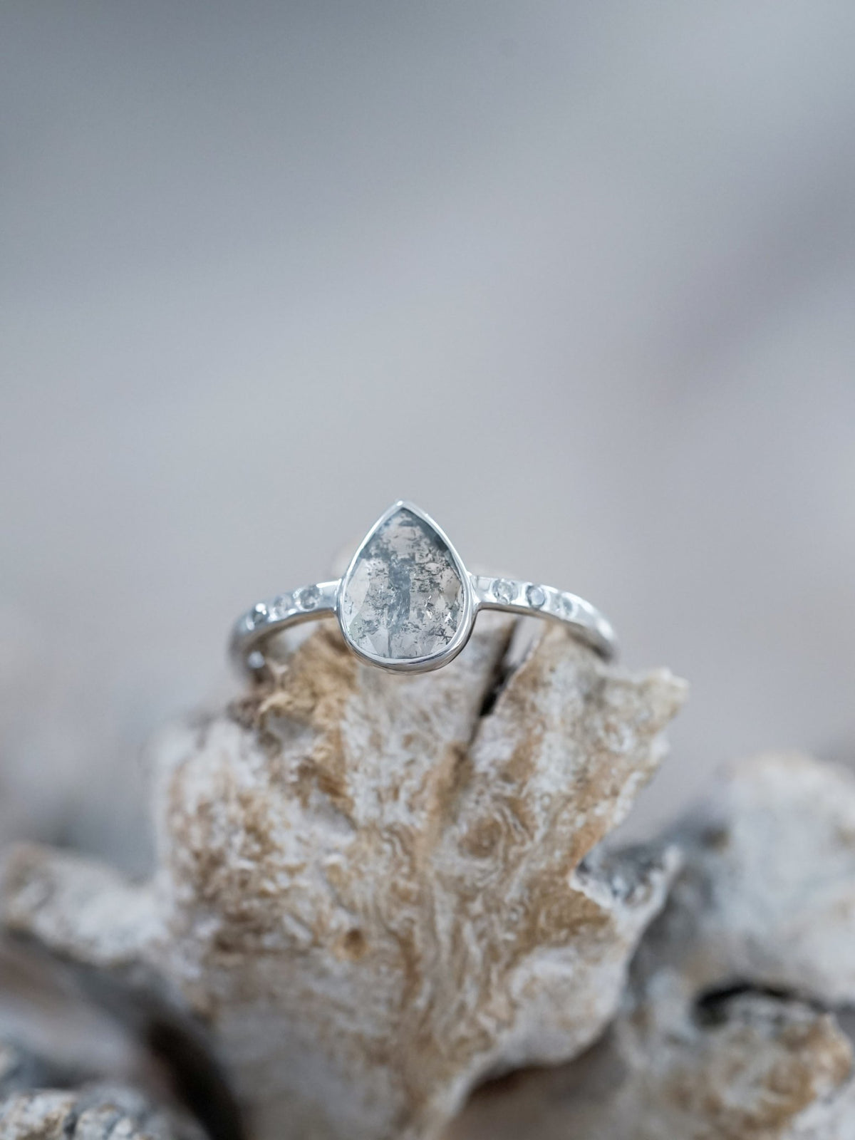 Salt and Pepper Pear Diamond Ring in Ethical White Gold - Gardens of the Sun | Ethical Jewelry