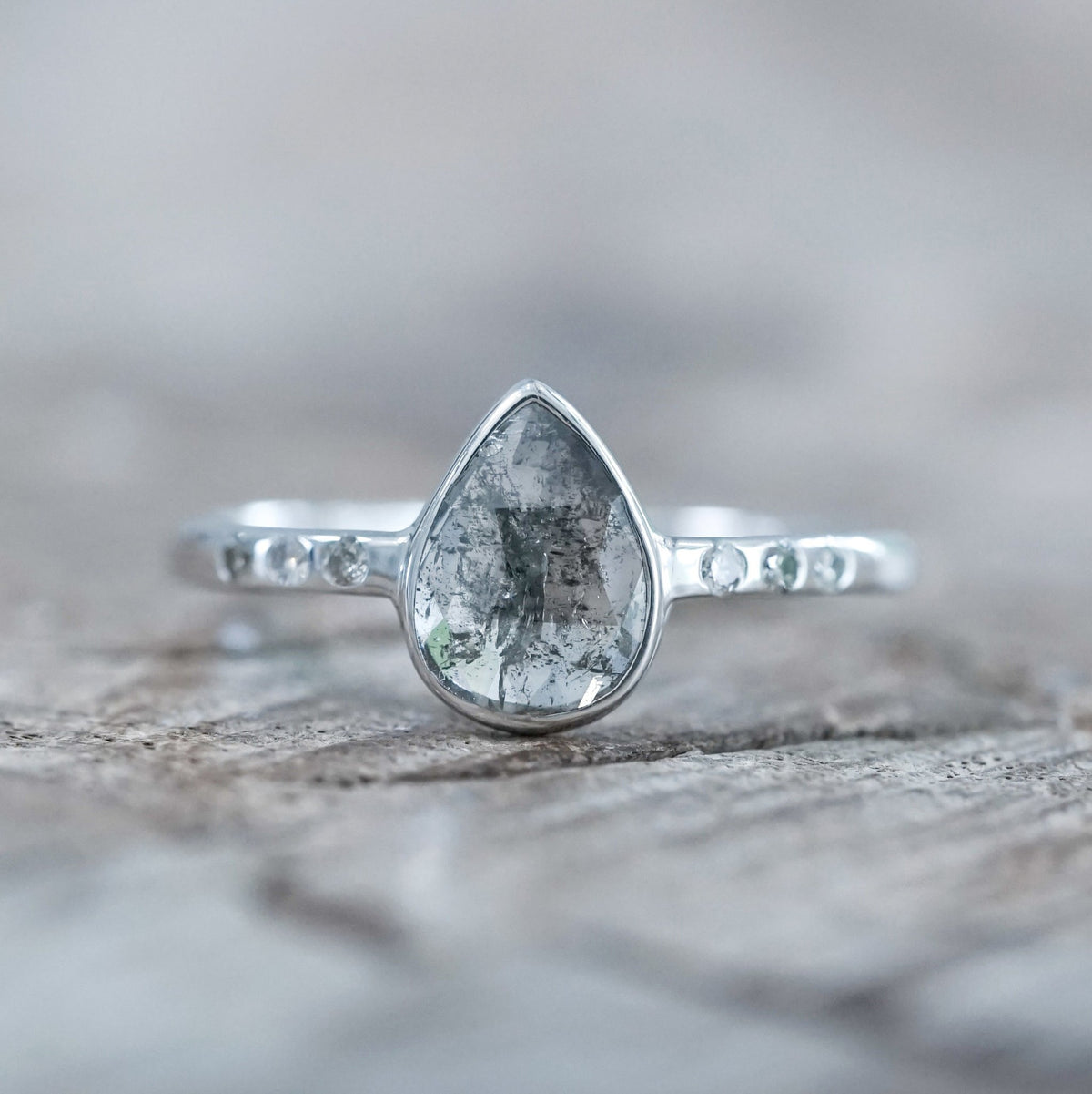 Salt and Pepper Pear Diamond Ring in Ethical White Gold - Gardens of the Sun | Ethical Jewelry