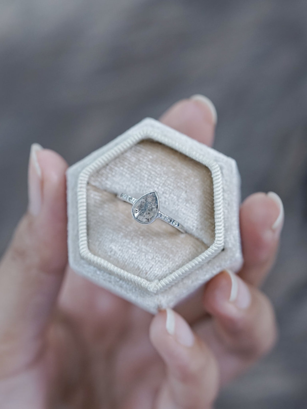 Salt and Pepper Pear Diamond Ring in Ethical White Gold - Gardens of the Sun | Ethical Jewelry