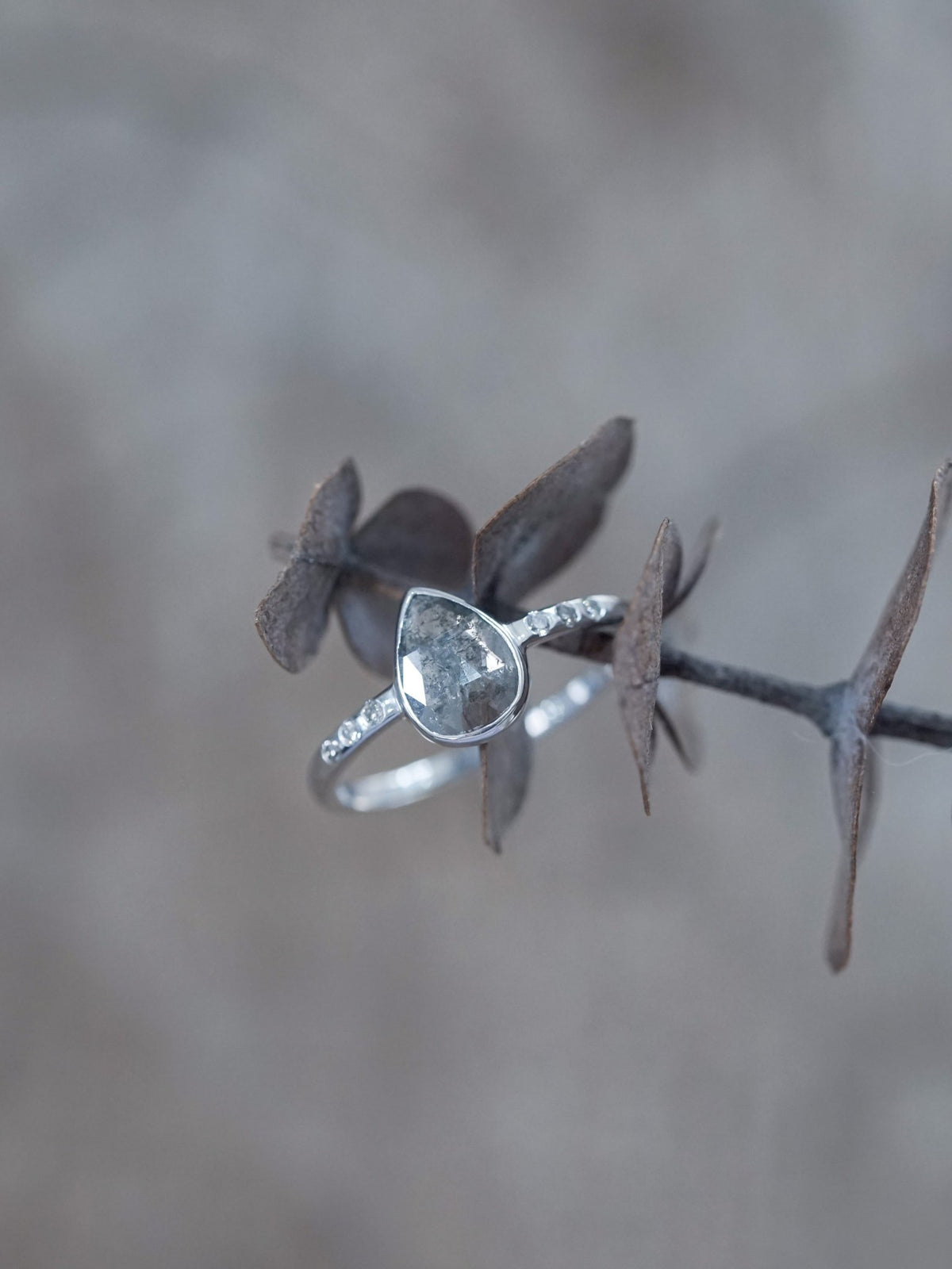 Salt and Pepper Pear Diamond Ring in Ethical White Gold - Gardens of the Sun | Ethical Jewelry