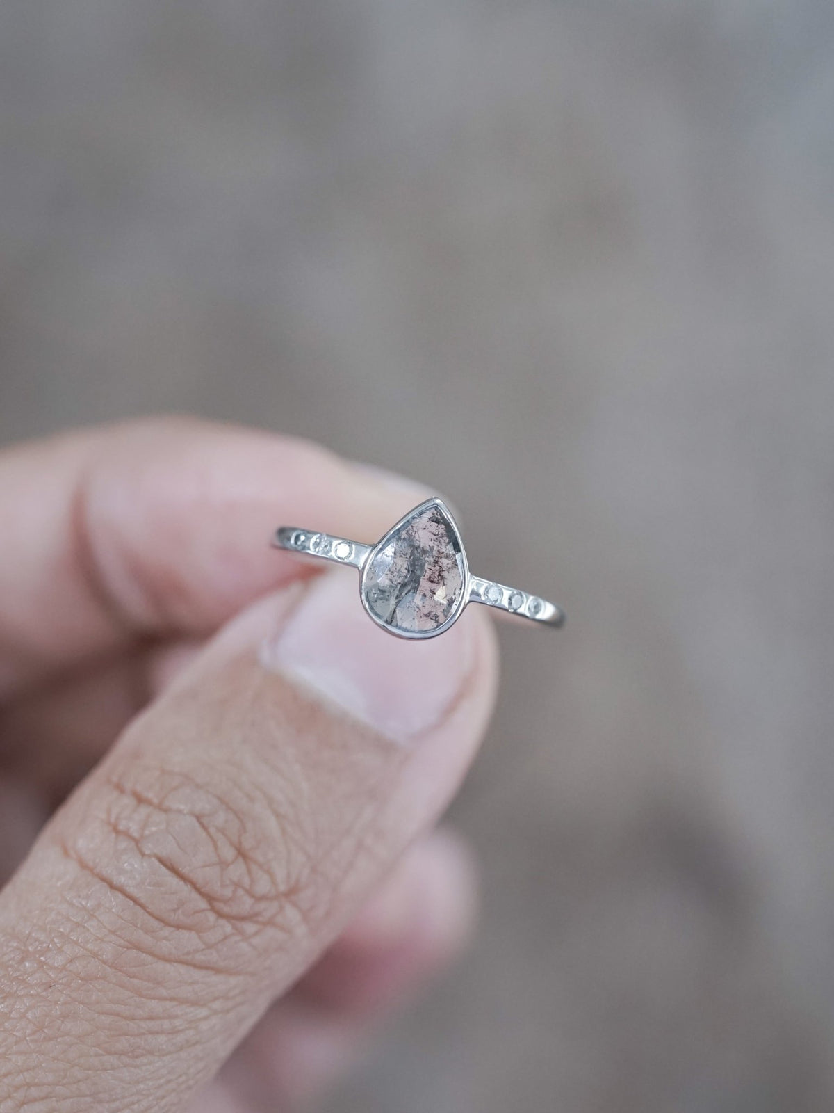 Salt and Pepper Pear Diamond Ring in Ethical White Gold - Gardens of the Sun | Ethical Jewelry