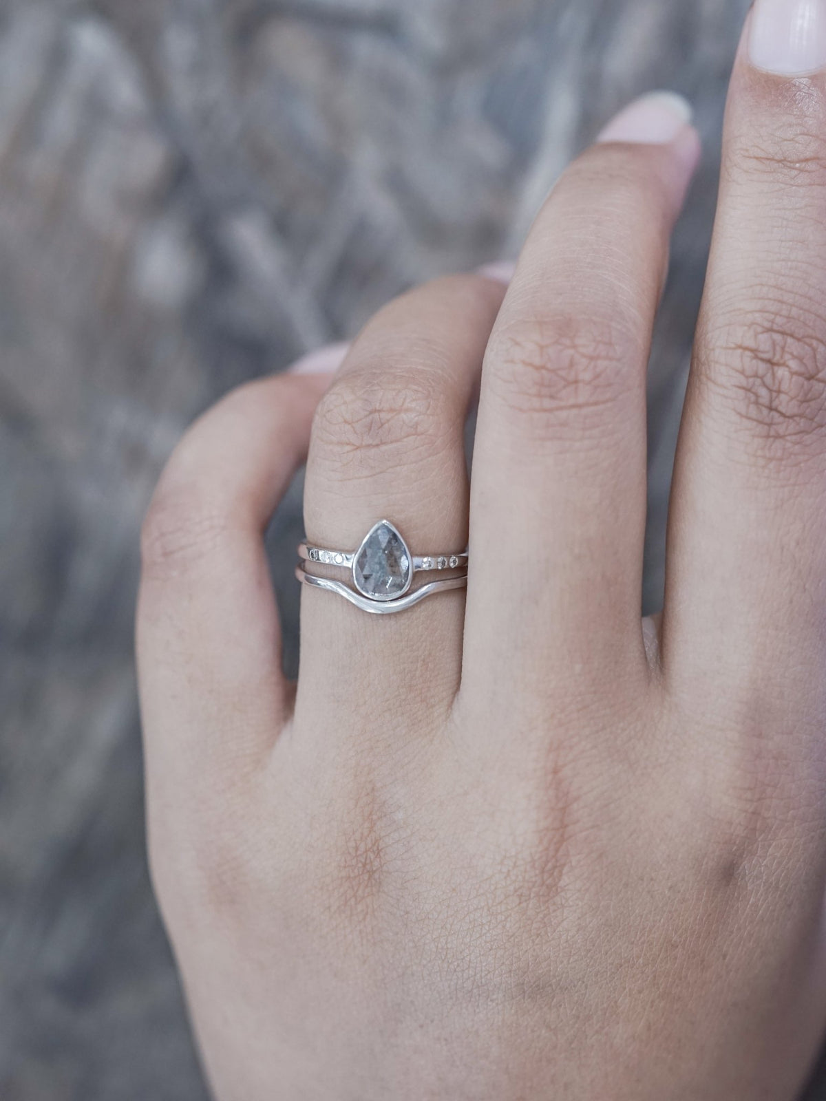 Salt and Pepper Pear Diamond Ring in Ethical White Gold - Gardens of the Sun | Ethical Jewelry