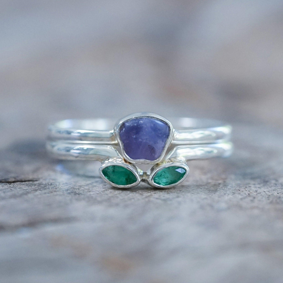 Sapphire and Emerald Flower Ring Set - Gardens of the Sun | Ethical Jewelry