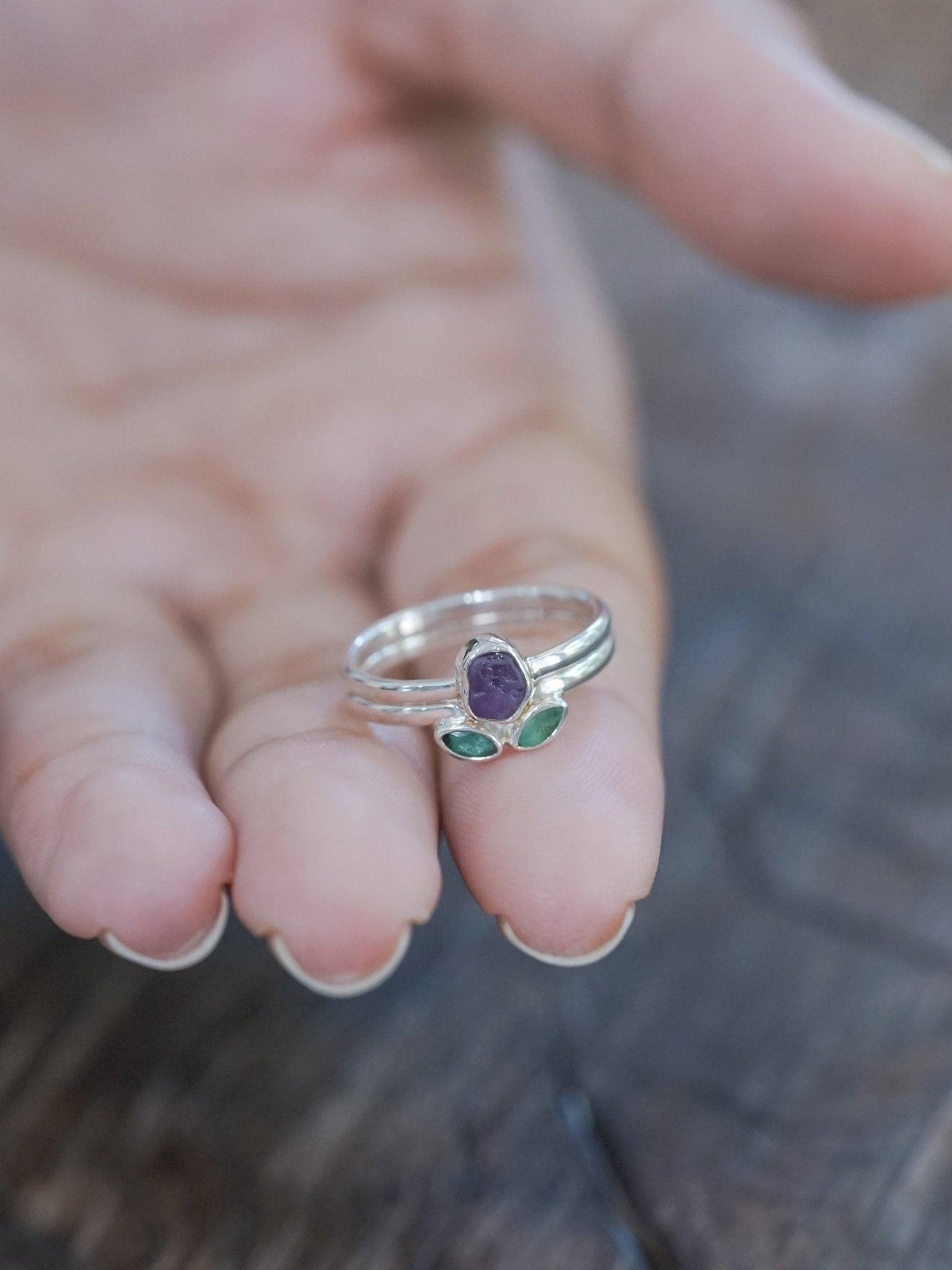 Sapphire and Emerald Flower Ring Set - Gardens of the Sun | Ethical Jewelry