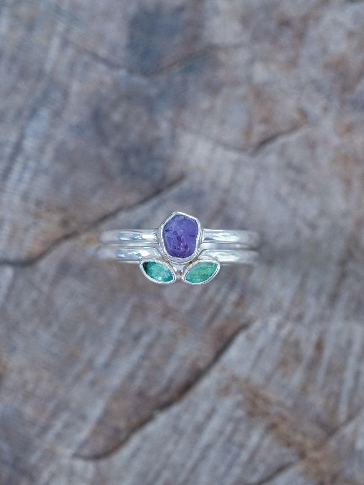 Sapphire and Emerald Flower Ring Set - Gardens of the Sun | Ethical Jewelry