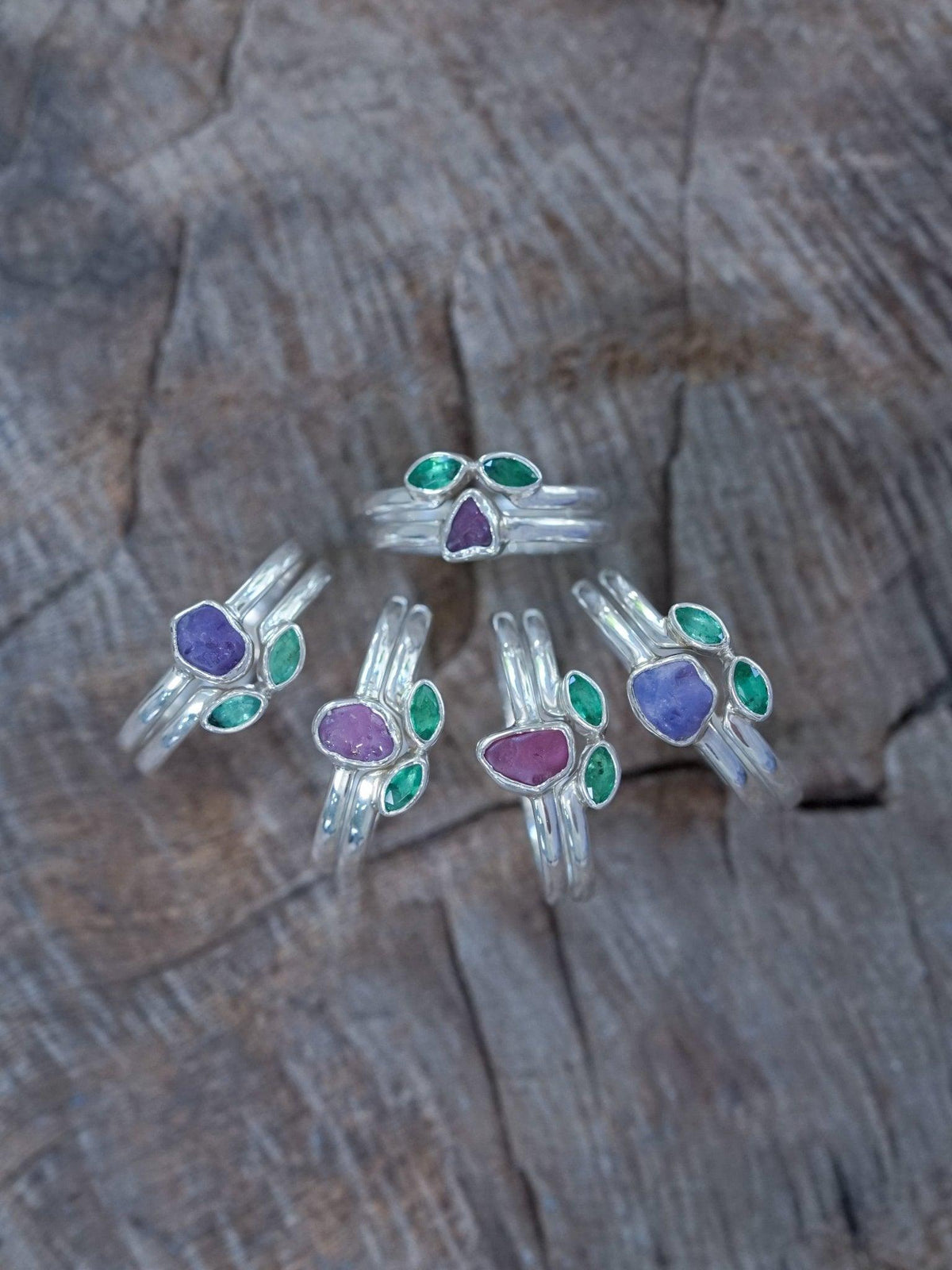 Sapphire and Emerald Flower Ring Set - Gardens of the Sun | Ethical Jewelry