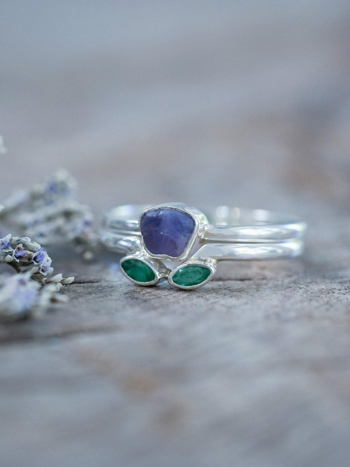 Sapphire and Emerald Flower Ring Set - Gardens of the Sun | Ethical Jewelry