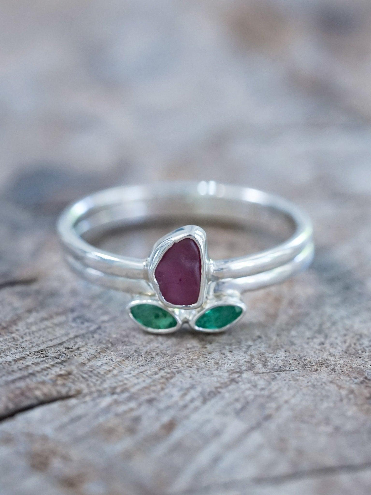 Sapphire and Emerald Flower Ring Set - Gardens of the Sun | Ethical Jewelry