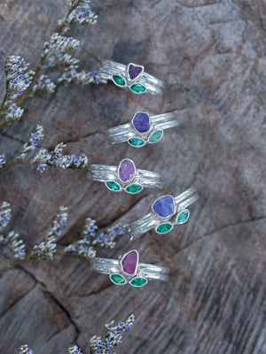 Sapphire and Emerald Flower Ring Set - Gardens of the Sun | Ethical Jewelry