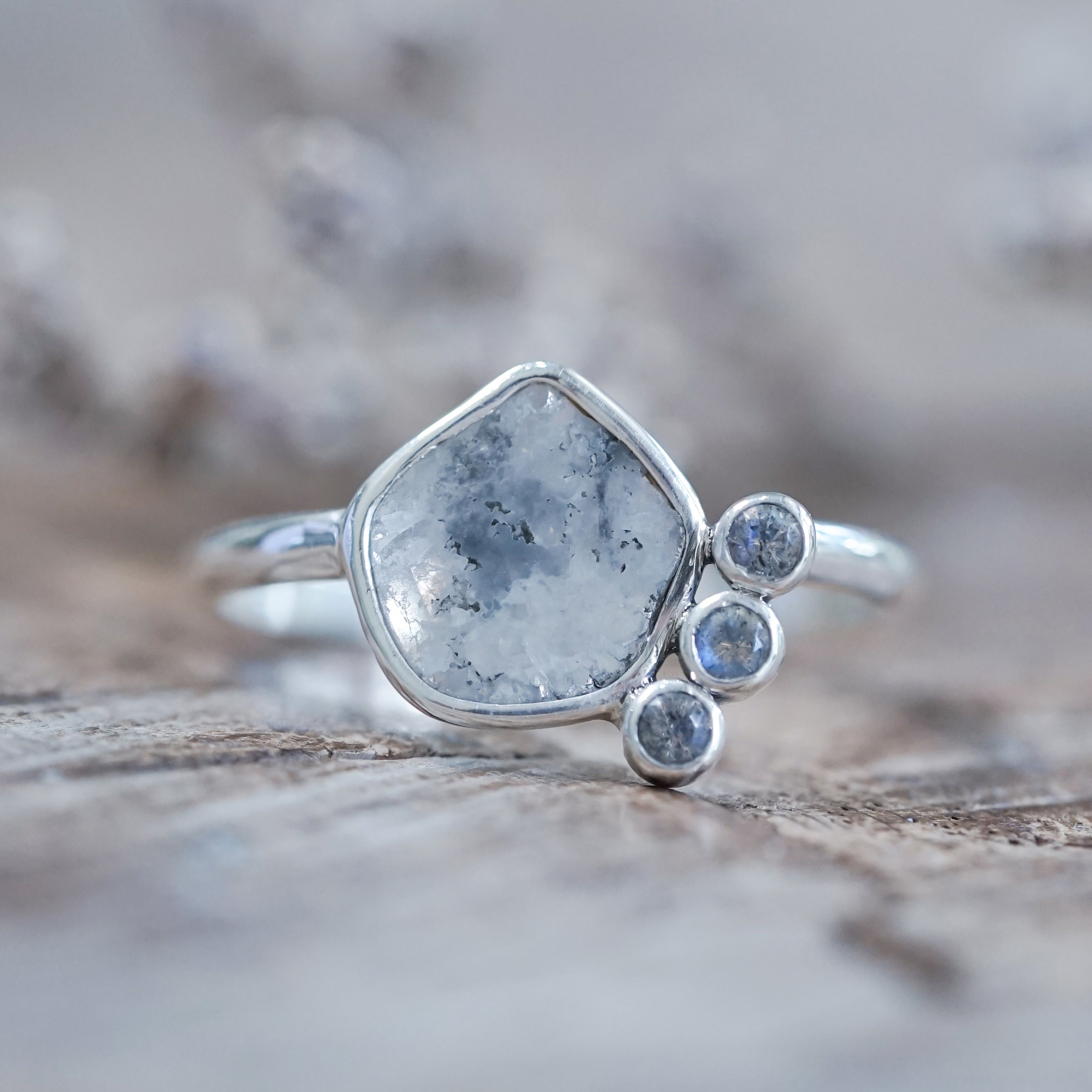 Diamond Slice, Moonstone and Labradorite Ring Gardens of the Sun