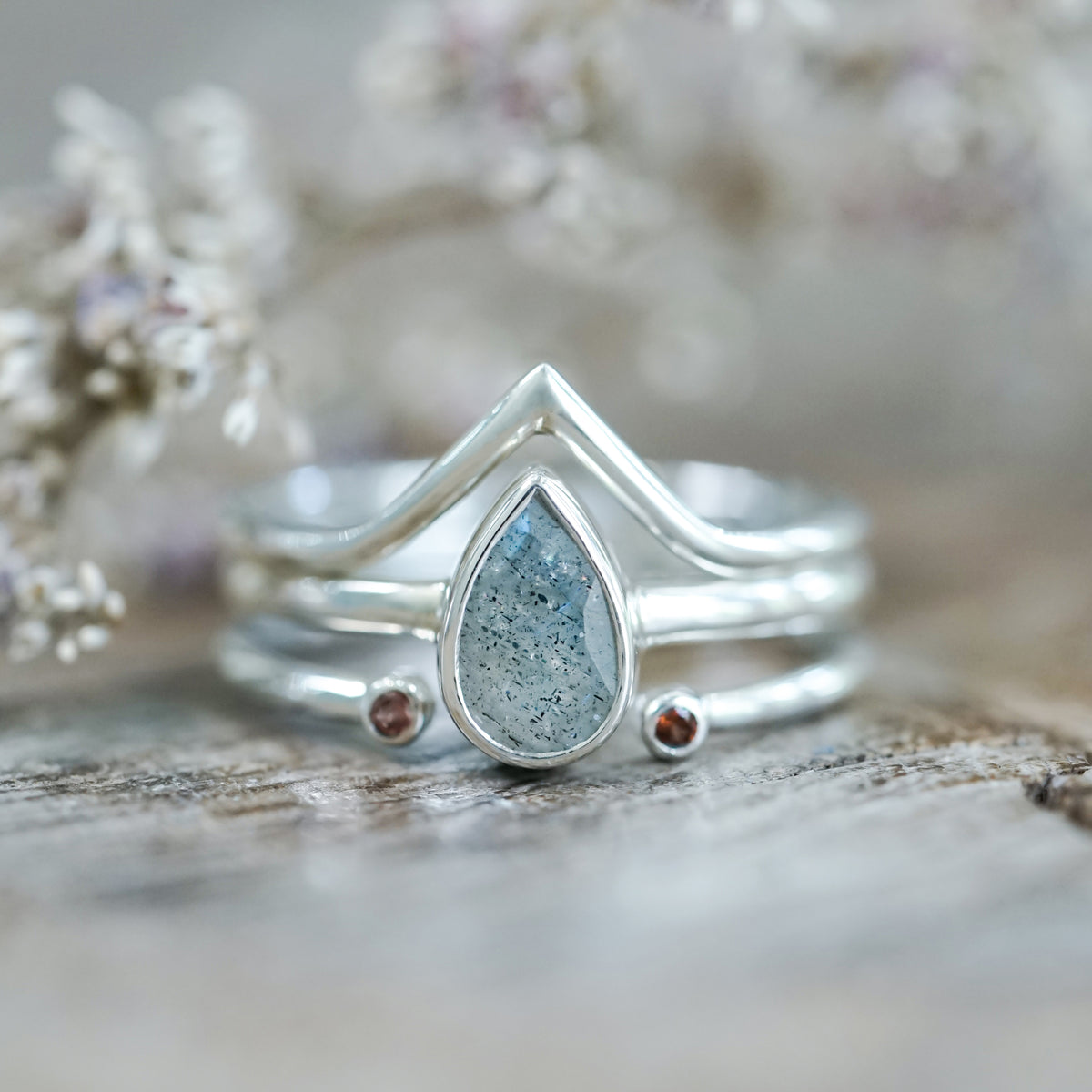 Garnet and Labradorite Triple Ring Set - Gardens of the Sun | Ethical Jewelry