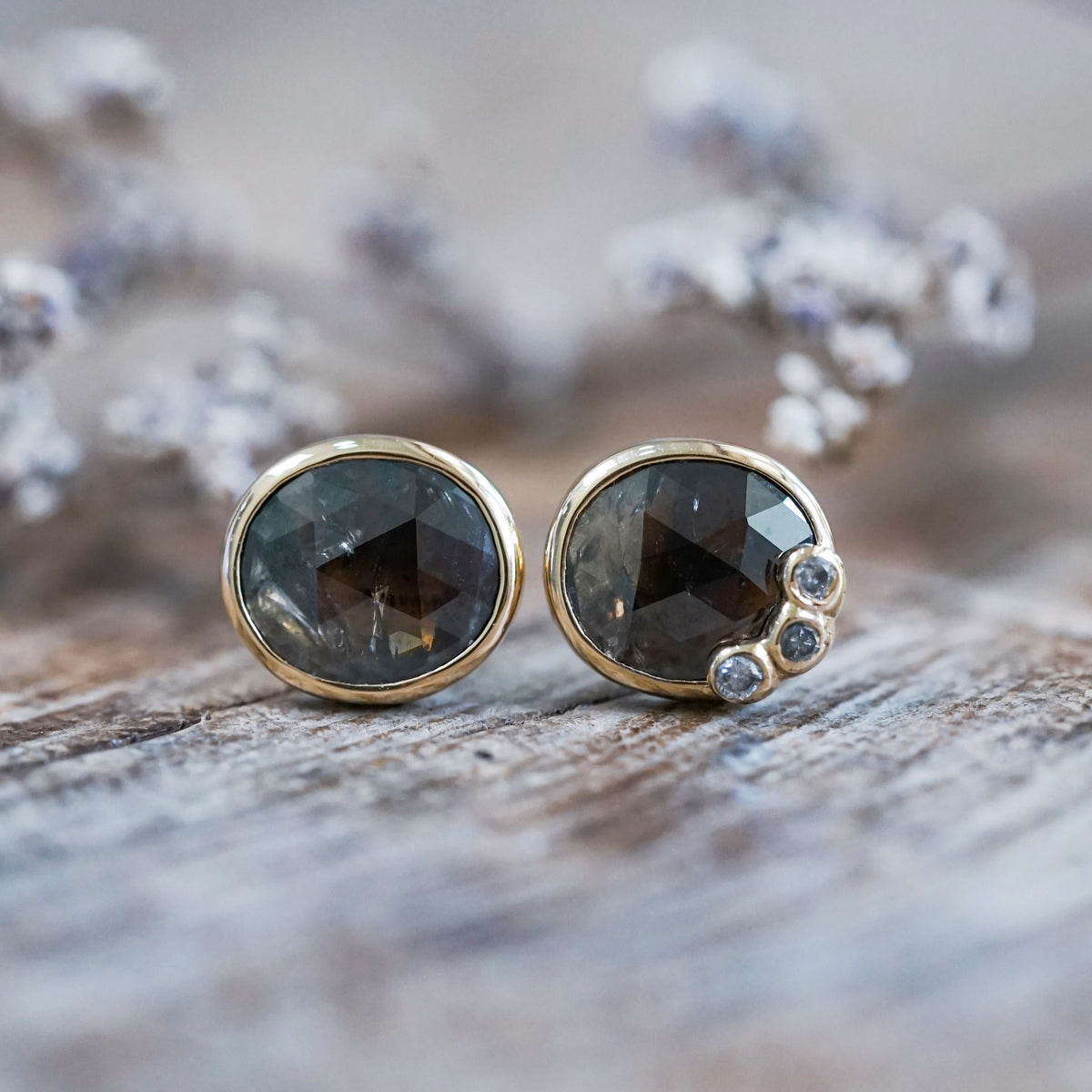 Oval Rustic Diamond Earrings in Gold - Gardens of the Sun | Ethical Jewelry
