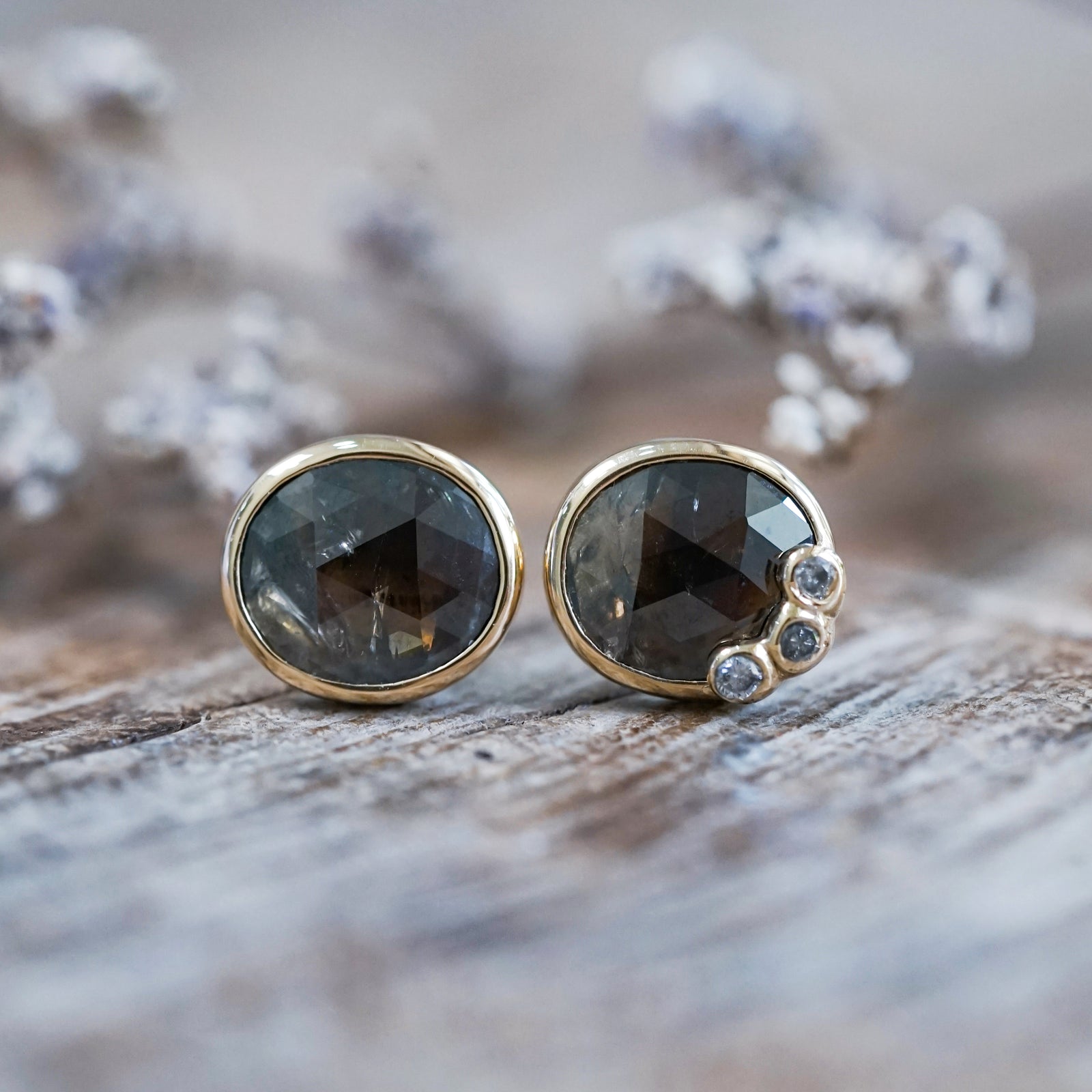 Oval Rustic Diamond Earrings in Gold - Gardens of the Sun | Ethical Jewelry
